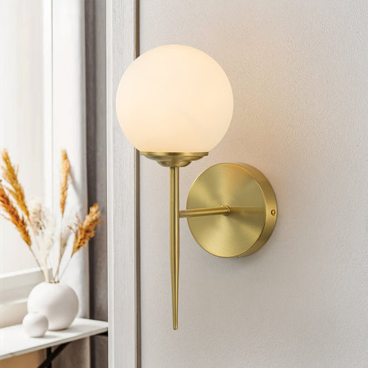
Aether Mid-Century Brass Wall Sconce with Opal Glass Globe