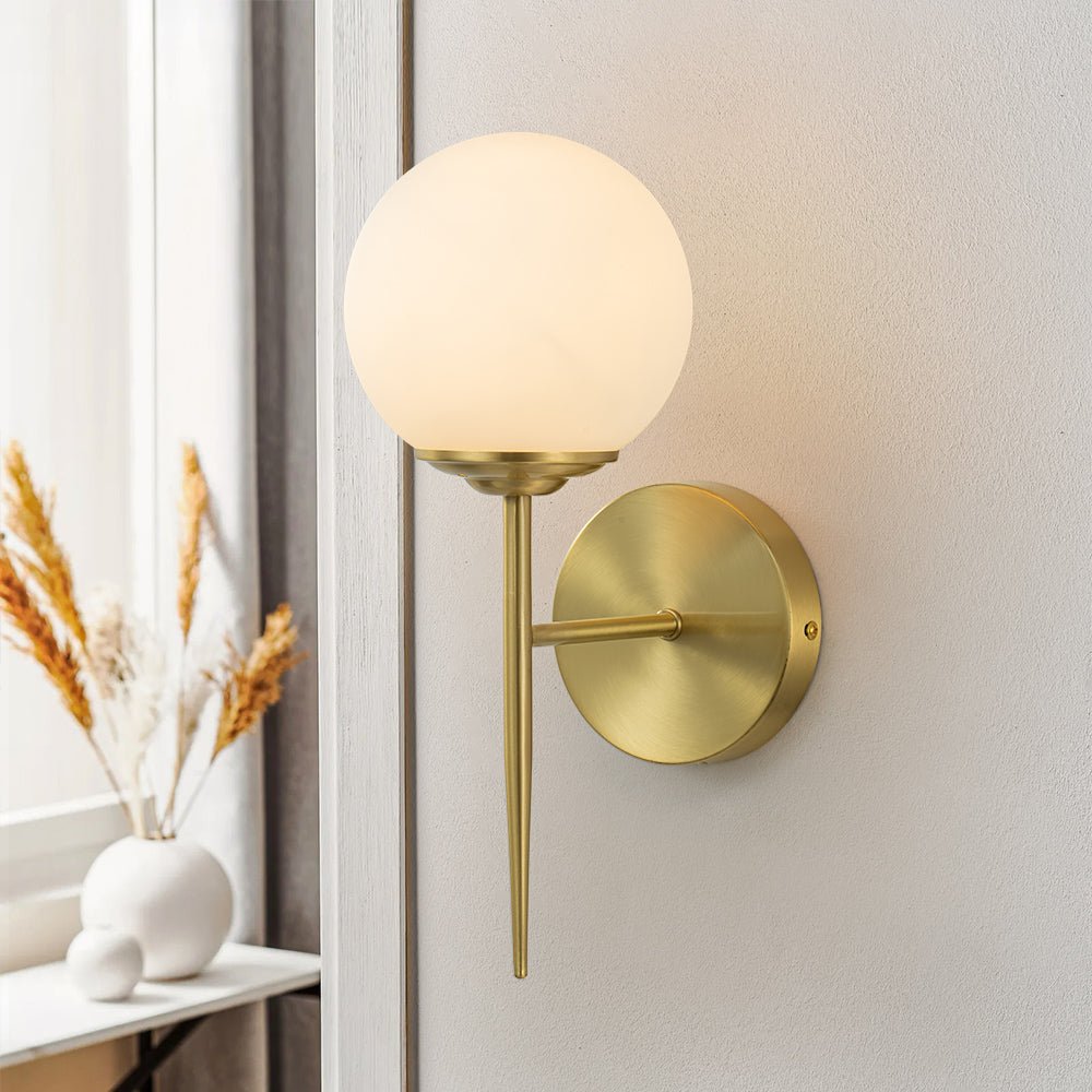 
Aether Mid-Century Brass Wall Sconce with Opal Glass Globe