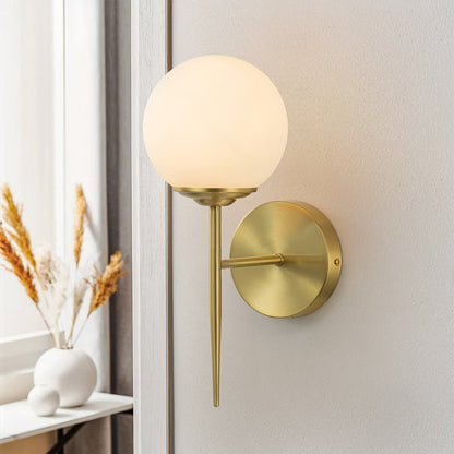 Aether Mid-Century Brass Wall Sconce with Opal Glass Globe